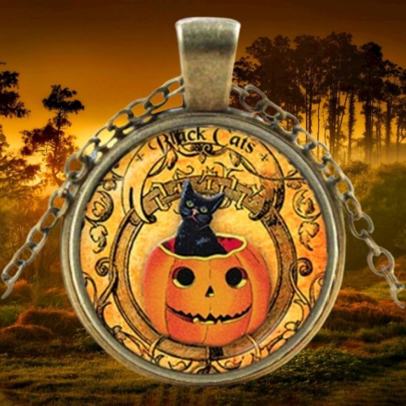 Black Cat / Pumpkin / Fall / Halloween / Pendant Necklace - Picture 7 of 11